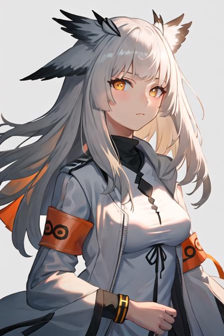 best quality, masterpiece, highres, solo, {ptilopsis_arknights:1.15}, bangs, owl_ears, long_hair, white_hair, orange_eyes, yellow_eyes, upper_body, grey_hair, closed_mouth, feather_hair, 1girl, armband, breasts, jacket, simple_background, white_background, looking_at_viewer, medium_breasts, pointy_hair