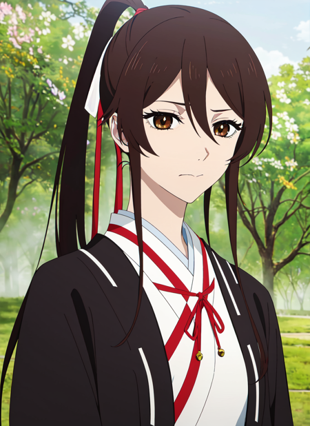 <lora:hellsparadise_style_offset:1> hellsparadise style, 1girl, solo, brown eyes, ponytail, long hair, japanese clothes, black hair, hair between eyes, ribbon, hair ribbon, outdoors, upper body, parody, red ribbon, anime coloring, kimono, sidelocks, brown hair, closed mouth, ((masterpiece))