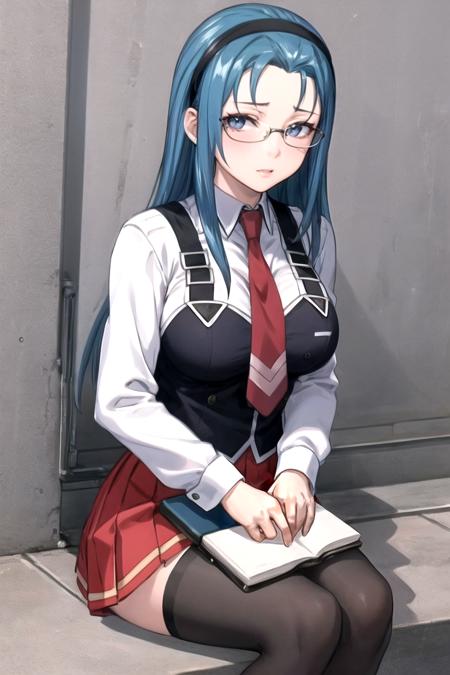 sitting, 
masterpiece, best quality, high quality, highres, outdoors, day, upper body, looking at viewer, solo, focused, BREAK, 
FAP_BibleBlack_JunkoMochida_ownwaifu, bible_black,
1girl, long hair, blue hair, hairband, breasts, large breasts, blue eyes, rimless eyewear, very long hair, 
skirt, thighhighs, long sleeves, school uniform,  necktie, glasses, zettai ryouiki, red necktie, suspenders, red skirt, pleated skirt,  black_vest, vest, 
<lora:FAP_BibleBlack_JunkoMochida_ownwaifu:0.8>