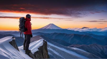 Envision a photorealistic portrait of an explorer standing atop a snowy mountain peak, where every detail is captured with striking clarity: the texture of the clothing, crisp and defined against the harsh mountain environment; the explorer's face, etched with an intense expression reflecting a blend of determination and awe; the breathtaking landscape in the background, featuring low-hanging clouds and the first light of dawn illuminating the scene; this image is more than just a photographâit's a hyper-detailed 4K masterpiece, capturing the raw beauty and solitude of the mountaintop; the attention to detail is meticulous, from the individual snowflakes clinging to the explorer's gear to the subtle play of light and shadow across the rugged terrain, creating a scene so lifelike and immersive, it feels as if one could step right into the frame and join the explorer in their high-altitude journey a hyper-detailed 4K masterpiece, rich in depth and vividness, inviting the viewer to immerse themselves in the dynamic and colorful world of a Tokyo night