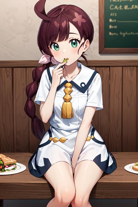 masterpiece, best quality, highres, chl1, 1girl, braided_ponytail, (ahoge:1.1), dress, school uniform, white dress, collared dress, collarbone, eyelashes, short sleeves, neck tassel,  <lora:chloe_(pokemon)_v5:0.6>, cafe, sitting, eat, table, food,