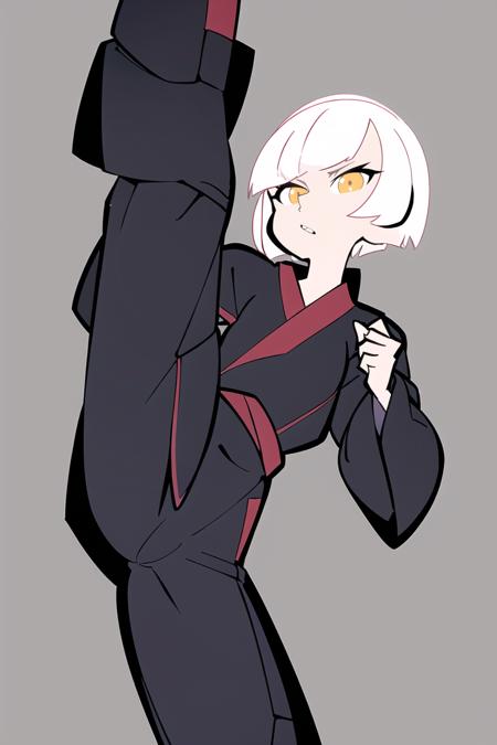 1girl,  bob cut, white hair, standing on one leg , flipped , fighting stance, martial arts uniform
<lora:ThePinkPirate-22:0.9>, flat color, wide-eyed,