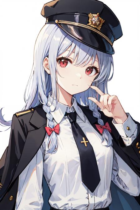 haruna ba, 1girl, jacket, solo, red eyes, bow, looking at viewer, shirt, simple background, long hair, single braid, closed mouth, white hair, black jacket, black headwear, hat, military hat, black necktie, collared shirt, white background, hair bow, side braid, frilled shirt, white shirt, necktie, upper body, braid<lora:haruna_ba:1>