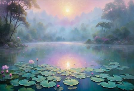 Ethereal, serene scenery, an iridescent lake glimmers, surrounded by luminous, shimmering mist, lotus flowers blooming in shimmering hues, colors shifting, changing as the viewer gazes, hypnotic, dreamlike atmosphere, soft, feathery brushstrokes, delicate, luminous palette, inviting, peaceful ambiance