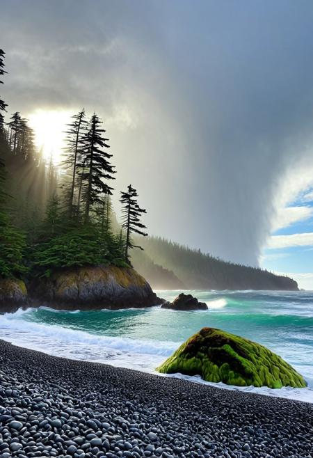 a photograph of a beach on the Pacific northwest coast, rocky pebble beach, a large looming evergreen cedar Forrest looming, the ocean is vibrant and crashing, deep vivid blues and greens, the sky is grey and clouds are heavy the sun is radiating however cutting through a break in the thick looming storm clouds, epic, realism, photo-realism, highest quailty, highest detail, professional, landscape, nature