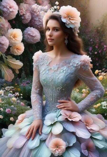Masterpiece High Details, HD, highsafe content, woman, long dress made out of iridescent flower petals, sleeves, white jewelry, floral headdresses, garden on background, p1nk1r1fl0wers
