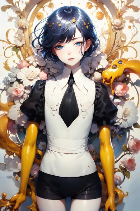 phosphophyllite \(ll\) golden arms crystal hair heterochromia blue eyes white eyes colored eyelashes gem uniform necktie puffy short sleeves shorts