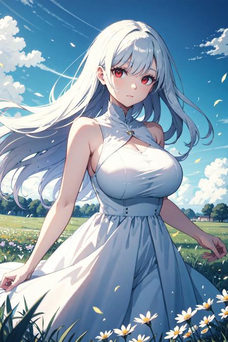 (close view:0.8),
beautiful person, white long hair, red eyes,
(GIGANTIC HUGE BREAST:0.6), (GIGANTIC HUGE HIP:0.6), 
white dress,
grassland, bluesky,
wind effects, flower effects,