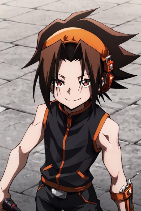 Asakura Yoh,brown hair, brown eyes, headphonese spiked hair medium hair Ponytail Necklace,jewelry White shirt, open shirt, green pants, Black shirt,sleeveless,black pants Black shirt,sleeveless,shorts Japanese clothes,kimono, Headphones around neck wristband