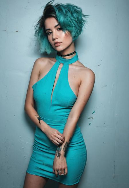 instagram photo, front view, full body size portrait photo of a 24 y.o sexy young woman, wearing turquoise ripped dress with low neckline with choker, beautiful face, short coloured hair with dramatic undercuts, cinematic shot, nsfw, nudity