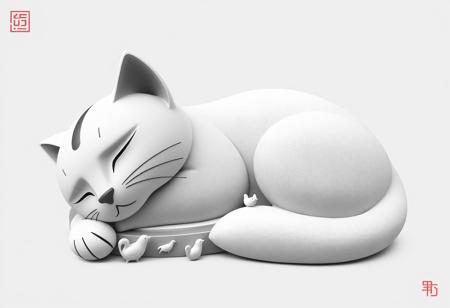 Design a modern interpretation of Nemuri-neko, the famous sleeping cat carving from Nikko's Toshogu Shrine. The cat should appear serene and calm, lying in a peaceful, resting pose, but with subtle cues that suggest it's ever-watchful. Incorporate modern elements such as a sleek, streamlined design with minimalist lines and subtle metallic or digital accents to represent the cat’s vigilance in a contemporary world. Surround the Nemuri-neko with small, delicate creatures (like birds or mice) to symbolize the protection of the weak. The overall composition should convey a balance between power and restraint, illustrating the cat as a guardian figure—peaceful yet ready to act.