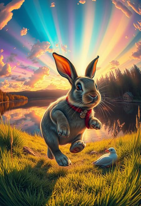 comic (rabbit) is (running:1.05) to the viewer whilst Moulting,, (dynamic:1.1), sun rays,, (taken by 7.5mm fisheye lens:1.1) (looking to the right)
=
With a rainbow nebula background elements . Epic dynamic lighting .(2. Serene Lakeside Sunset)
=
=
((Vivid, HDR, Canon50, 8K,  Hyper Realistic, Dramatic, Epic, Dynamic Contrast, Cinematic Lighting)) (((Zoomed Out, Far away Shot)))
= 
  <lora:juggernautXL_version6Rundiffusion:0.8>  <lora:crystalClearXL_ccxl:0.8>
((Vivid, Epic, Dynamic contrast)) (((Zoomed out, Far away shot, In frame)), By art germ . graphic illustration, comic art, graphic novel art, vibrant, highly detailed