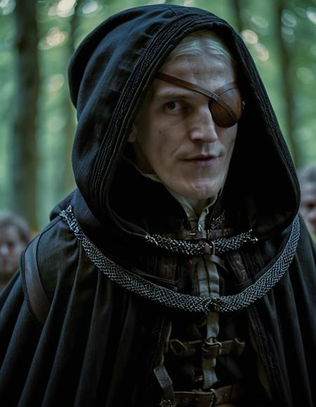 high resolution photo of a3m0nd man with long white hair,close-up,wearing a dark tunic with hood,volumetric lighting and bokeh,the background is highly detailed,the shot is cinematic