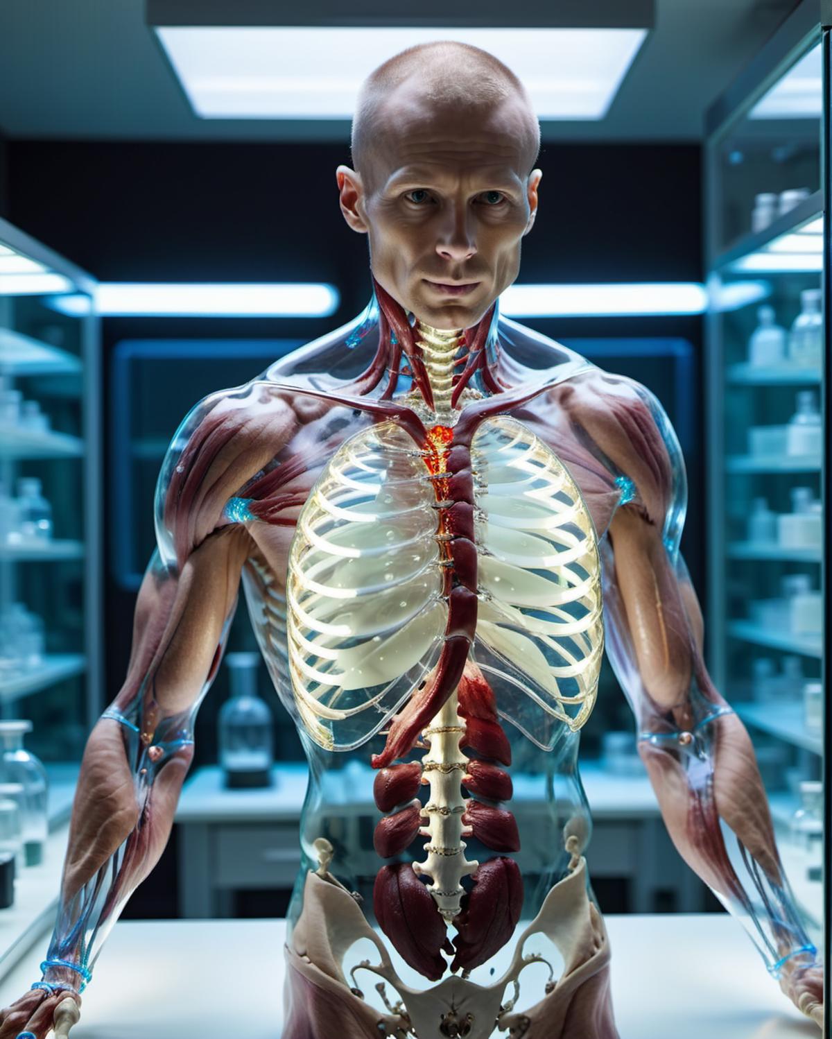 A life-like plastic model of a male torso with muscles and an exposed skeletal structure.