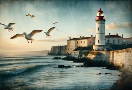 Landscape, painterly, harsh lighting, soft shadows ,scrdxCE_style, a brushwork landscape of a white limestone brick town with a tall lighthouse shining upon the waves as seagulls fly by and the morning sun slowly rises above the ocean, no humans,