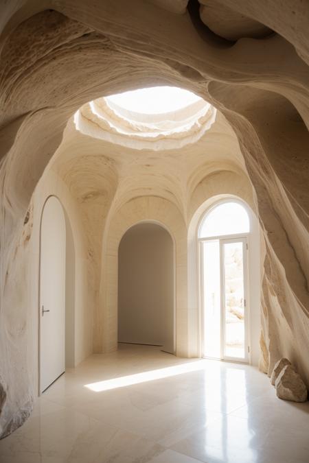award winning interior photo, photograph, ultra photorealistic, photorealism, film still of inside a modern white spacious design (hallway inside a smooth stone cave:1.25), smooth shading, desert, daylight, bright colors, hyper realistic, modern, surreal, lights, minimalistic studio architecture, behance, halation, bloom, dramatic atmosphere,  rule of thirds, 8k uhd, dslr, high quality, film grain, kodak, panavision, cinestill,
