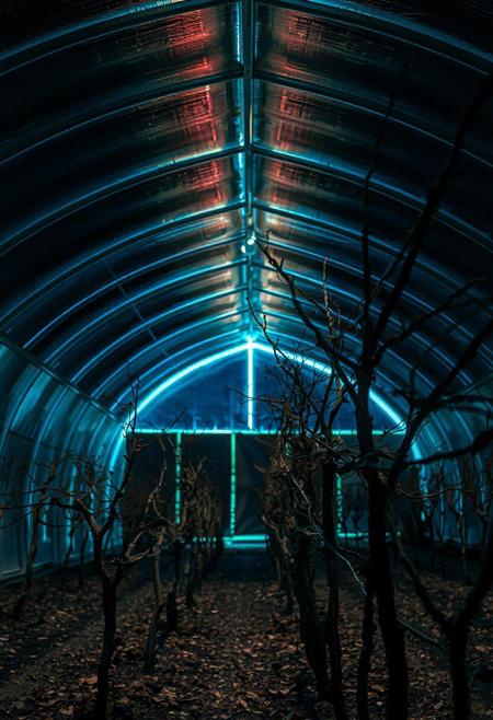 JNANX,luminous white silhouette,cyan glow,emerald highlights,flickering outline,dreamlike movement,rippling colors,drifting embers,infinite black background,psychedelic colors,ethereal,futuristic surrealism,gw,glowing,night,night sky,trippy,
 Capture the interior of a typical arched-roof greenhouse used for cultivating grapes, possibly Shine Muscat, in the Buyeo region of South Korea. The metal frame of the greenhouse creates a repeating pattern of lines converging in the distance. Bare, pruned grapevines are the main subject, their woody branches twisting and reaching along support wires. The ground beneath the vines is littered with dry leaves. Sunlight streams through the translucent roof, illuminating the scene with a cool, daytime light.