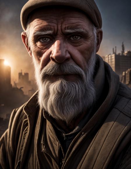 sad old man in a post apocalyptic destroyed city after nuclear blast, newdawn, closeup, high quality photography, 3 point lighting, flash with softbox, 4k, Canon EOS R3, hdr, smooth, sharp focus, high resolution, award winning photo, 80mm, f2.8, bokeh