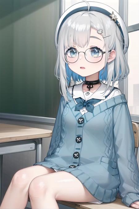 (masterpiece, best quality), 1girl, solo, classroom,
yua cardigan, blue cardigan, beret, glasses, sitting 