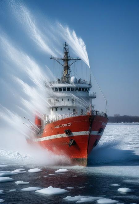 A red and white "US Coast Guard" ship breaks the ice on the Great Lakes at Christmas time. Dynamic scene with wind, 
blowing snow, 
ice and spray flying about.