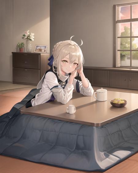 masterpiece, best quality, (kotatsu), indoors, table, window, cosy, calm, rest, 1girl, (siting at kotatsu), looking at viewer, hands up,  smile, front view, love, enjoyment, calm, joy, bright, sunlight, MHXA, white shirt, black shorts, <lora:kotatsu-20:0.8>, <lora:MHXA_REMAKE-20:0.8>