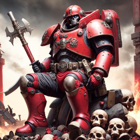 photo,  a space marine in (red armor:1) with a giant Axe, sitting on top of a pile of skulls (SpaceMarine style:1) <lora:djzSpaceMarineV21:1>