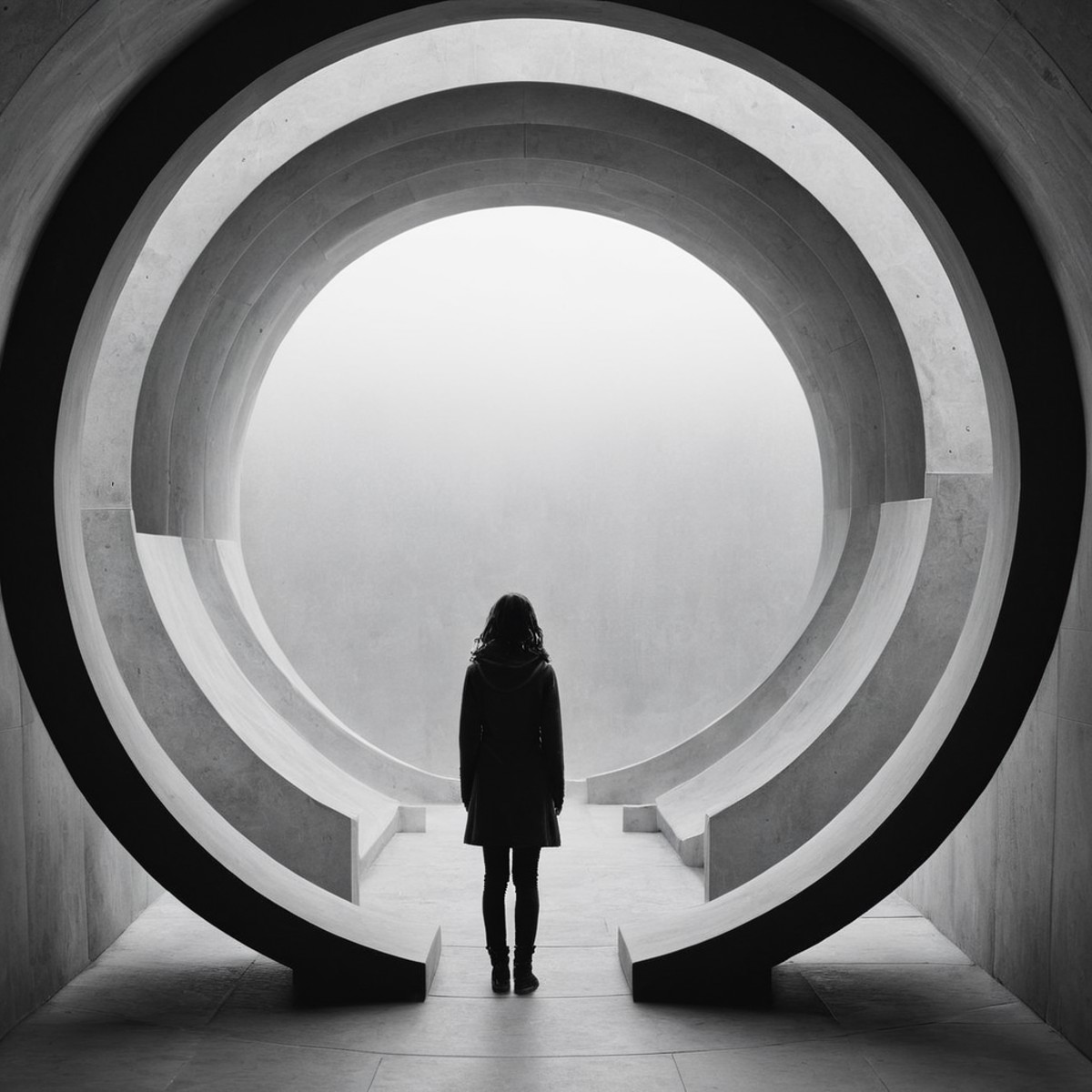 cinematic film still of  <lora:Fine art photography style:1>
Juxtaposition of a person standing in a circular architecture...