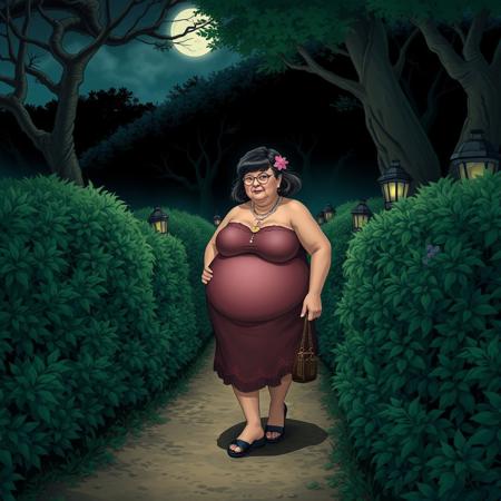 chubby mature woman eerie hedge maze by night  dirt path art style of Ozuma Kaname