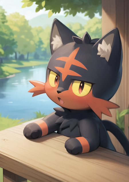 litten, pokemon (creature),forest, lake,   <lora:litten-08:0.8>