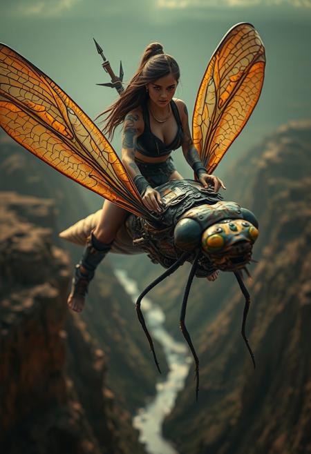 UHD 32k epic post-apocalyptic movie still, photograph, In the foreground, closeup, sexy 20 year old German female post-apocalyptic warrior with tattoos wearing revealing low cut leather and boots.  She is riding bareback on a 10 foot long mutant dragonfly with rough carapace and two iridescent wings over a great chasm and canyon. closeup, sharp focus, studio photo, intricate details, highly detailed, sf, intricate artwork masterpiece, ominous, matte painting movie poster, golden ratio, trending on cgsociety, intricate, epic, trending on artstation, highly detailed, vibrant, production cinematic character render, ultra high quality model, close up portrait, film, studio lighting, detailed skin, ultra realistic, bokeh, sharp features