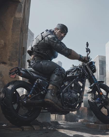 (best quality, masterpiece) marcus_fenix, black bandana, motorcycle, daytime, riding <lora:Marcus_Fenix-15:0.9>