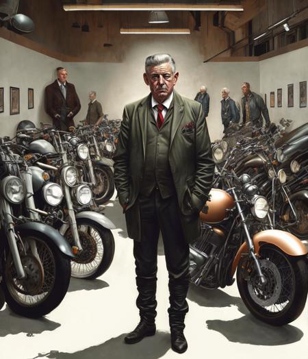 digital illustration, portrait of the (Canadian mob boss:1.1) standing before the machine shop, surrounded by motorcycles, detailed  face, masterpiece, art by card-style