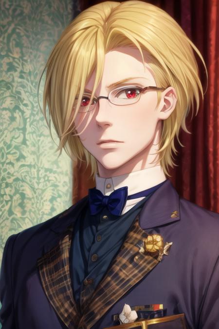 masterpiece, best quality, wallpaper, 1boy, solo, male focus, looking at viewer, , , <lora:louis_james_moriarty:0.70>, louis_james_moriarty, blonde hair, glasses, red eyes, , , science fiction western,