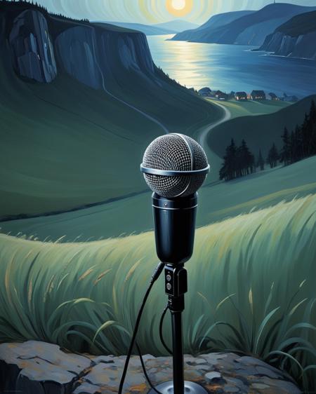 concept art <lora:FF-Style-Edvard-Munch-vpred:1> Surrealist art  in the style of Edvard Munch, by John Pitre, painting, ([Mace:Microphone:4]:1.2) , it is with Dots embroidery, Desolate hillside in background, in focus, ultrafine detailed, Amusing, Cartooncore, Dramatic spotlight, F/14, absurdres, <lora:FF-Style-Edvard-Munch-vpred:0.4>, Edvard Munch style, Edvard Munch art . Dreamlike, mysterious, provocative, symbolic, intricate, detailed . digital artwork, illustrative, painterly, matte painting, highly detailed