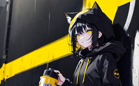 (best quality, masterpiece), (1girl, solo, cat ear black hood, standing, yellow eyes, black hair, leaning, upper body), (less light, black yellow room, Yellow graffiti behind, disorderly spray cans),