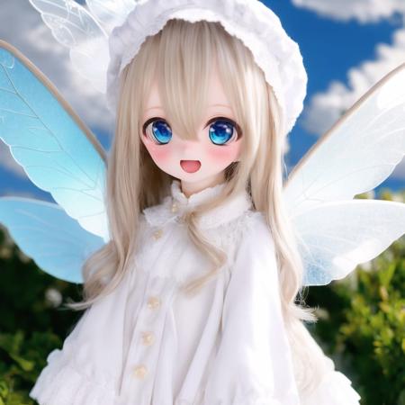 <lora:dolls:1.0>, (kukolnydom:1.0), doll, 1girl, blonde hair, blush, capelet, clouds, cloudy sky, day, dress, eyebrows visible through hair, fairy, fairy wings, hair between eyes, hat, highres, long hair, long sleeves, open mouth, petals, shoes, sky, smile, solo, white capelet, white dress, white footwear, white headwear, wings