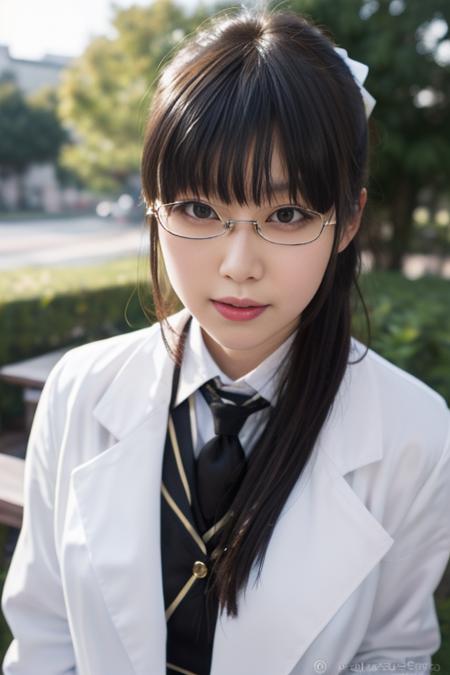 ultra-detailed,highly detailed,best quality,masterpiece,illustration,realistic,
shiguma rika, 1girl, solo, cosplay,
st. chronica academy school uniform,
glasses,hair bow, labcoat,
looking at viewer, upper body,
outdoors, nature, 
<lora:shiguma rika_v1_07:0.7>