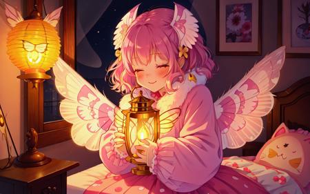 kawaii happy excited moth 1girl with (big fluffy moth wings)+ hugging her special lantern at night in her cozy lampcore bedroom