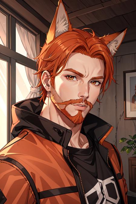 Roiadan Vanzey,  Osenayan , (masterpiece,  best quality),  animal ears,  solo,  facial hair,  1boy,  male focus,  fox ears,  parody,  orange hair,  indoors,  beard,  stubble,  looking at viewer,  lips,  upper body,  brown eyes,  animification,  nose,  jacket,  cosplay,  rule of thirds, <lora:EMS-49410-EMS:0.400000>