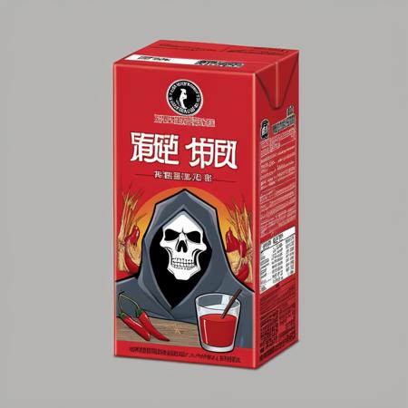 <lora:boxdrinks:0.75> ,packdrinks,A paper box of chili beverage featuring a Grim Reaper graphic on the packaging. The box is placed on a rustic wooden table. The medium is photography, with a hyper-realistic style that emphasizes the vibrant colors and intricate details of the Grim Reaper design. The lighting is soft and warm, coming from an overhead source to highlight the box and its unique design. The colors are rich and saturated, focusing on the reds of the chili and the dark hues of the Grim Reaper. The composition is shot with a high-resolution camera, using a macro lens to capture the fine details. The scene is framed to include the box prominently in the center, with a blurred background to draw focus to the subject