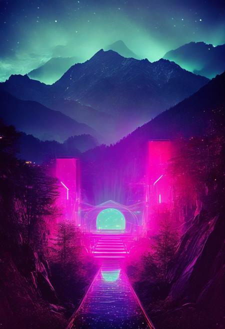 ()Hyoer Realistic:2.0)Polaroid picture 
an image of 
A futuristic, neon-lit (Appalachian mountain range, transformed into a utopian resort.:1.78) Towering skyscrapers and sleek, curved architecture blend seamlessly with the natural landscape. Holographic waterfalls cascade down the sides of mountains, while levitating walkways connect the peaks. The air is clean and fresh, filled with the sweet scent of blooming flora. In the distance, a massive, glowing portal pulses with energy, connecting the resort to other dimensions. The atmosphere is one of serenity and wonder, as people from all walks of life come to marvel at this technological marvel.