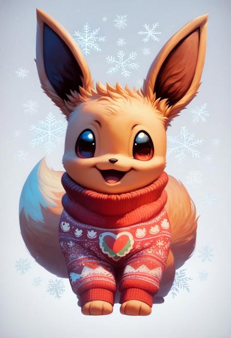 score_9, score_8_up, score_7_up, rating_safe, ultra detailed, (sharp focus), highest quality, masterpiece, no humans, zzEV, perfect face, extreme cute, smiling, laughing, looking at viewer, christmas_sweater, heart print sweater, snowflakes, detailed Winter background, christmas, Snow, Full Body, close up