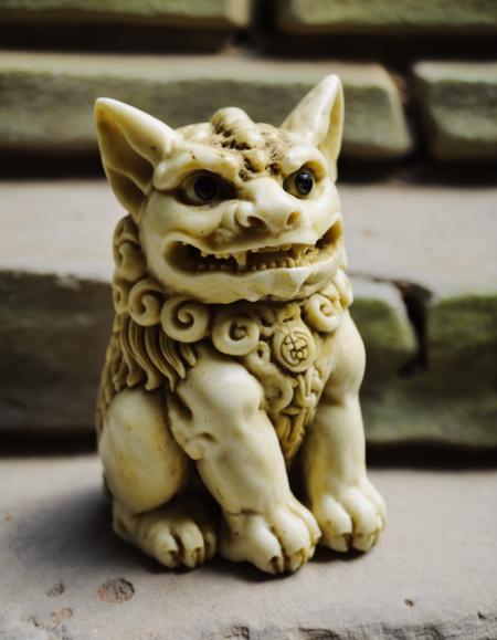 close up photo, FOODOG , sitting near a Celtic stone wall