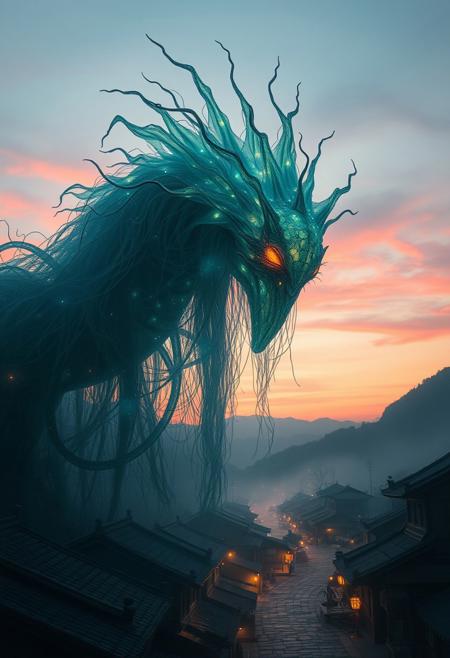 A detailed, otherworldly creature made of translucent, glowing fabric and hollow cybernetic threads looms over a traditional Chinese village at dusk. Incorporate light particles, double exposure, and bold, unsettling contrasts for a striking, award-winning concept art pieceaaa