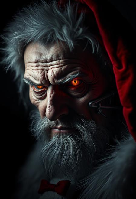 A old cyborg dressed as santa in a dramatic, chiaroscuro-style close-up portrait, his expression is evil and mysterious, his amber glowing eyes seeming to hold untold secrets. Deep shadows obscure his face. His crimson santa hat fur trim is faintly visible against the darkness.
