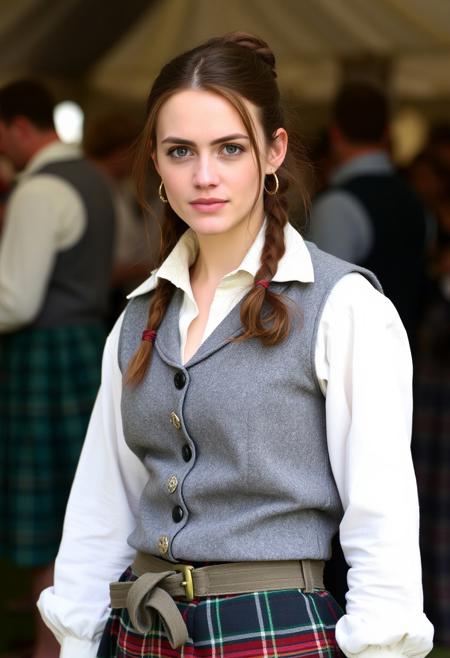 A masculine woman at a renaissance fair wearing a kilt, wide-collared shirt, and a grey spotted vest.