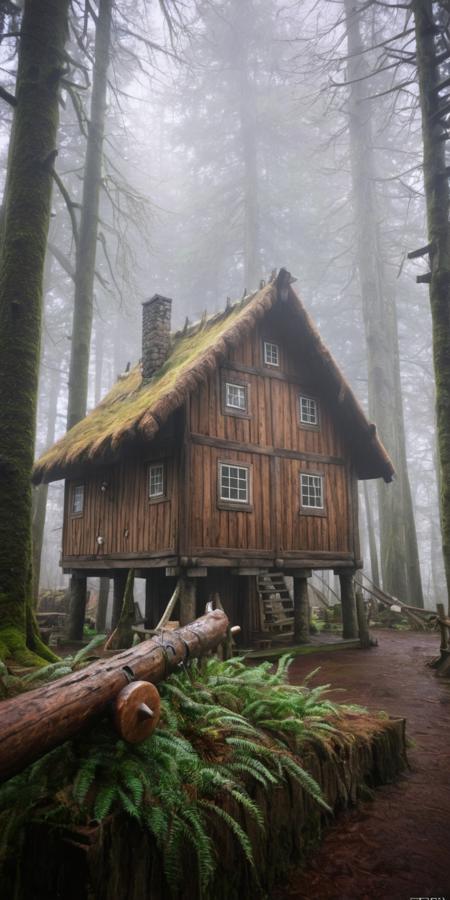 <lora:PacificNorthwest:1>PacificNorthwest, forest, viking village, wooden house, misty, depth of field, haze, halation, Photorealistic, Hyperrealistic, Hyperdetailed, gloom