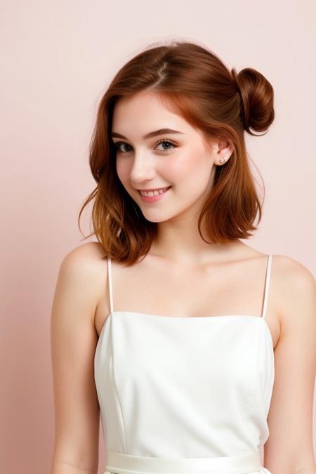 HD, perfect quality, 16k, very detailed,  a beautiful 21yo college girl with ginger hair in a bun, pale skin, wearing a toga, pink fleckes, green eyes, slim, detailed skin, hair behind ear, eyeshadow, smiling proudly, standing in front of pink background