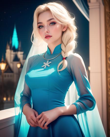 Fairy tale photogenic (([swedish|german])) adult woman, beautiful,  auburn, eyeliner, eyeshadow, makeup, glitter lips elsa \(frozen\), ((see-through)) , snowflake pattern, platinum blonde braid,  wearing gossamer blue dress, dr3ss,  <lora:Outfit_AoDai:0.75>, high quality, best quality, highres, 8k, rim lighting, night,  , large breasts, grand hall palace backdrop, necklace, photo by tommy ton and Alessia Albi, bokeh  . Magical, fantastical, enchanting, storybook style, highly detailed