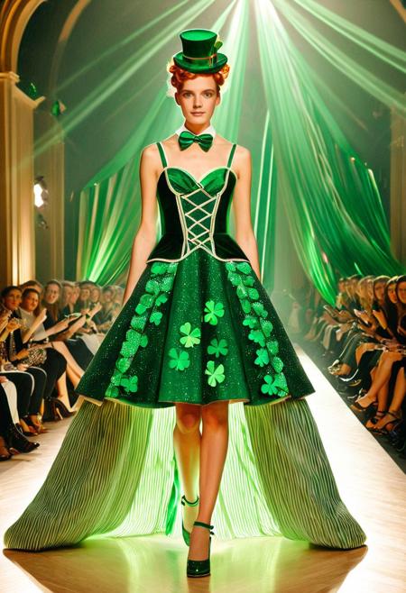 a model on a catwalk, Avant-garde Fashion page,
wearing an elegant Celtic gown, sculptural dress, colourful, folded dress, (swirling:0.3),
sculptural clover top hat,
Soft and warm lighting, cozy atmosphere, fashion show,
ShamrockWorld, clover, four-leaf clover, light particles, bow, striped, bowtie, green gems,
35mm photograph, film, professional, 4k, highly detailed, Masterpiece, elegant design, an award winning, intricate details, iconic, vintage RAW photo, photorealistic, film grain, candid camera, color graded cinematic, atmospheric lighting, natural, shallow dof, focusing on lighting, realistic textures, hyperdetailed, SFW, product photo,